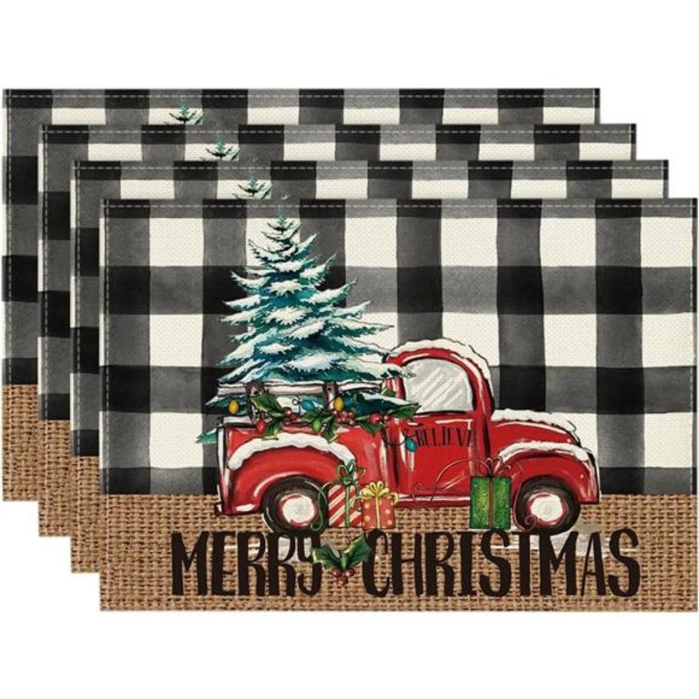 Buffalo Plaid Truck Merry Christmas Placemats Set of 4, 12x18 Inch